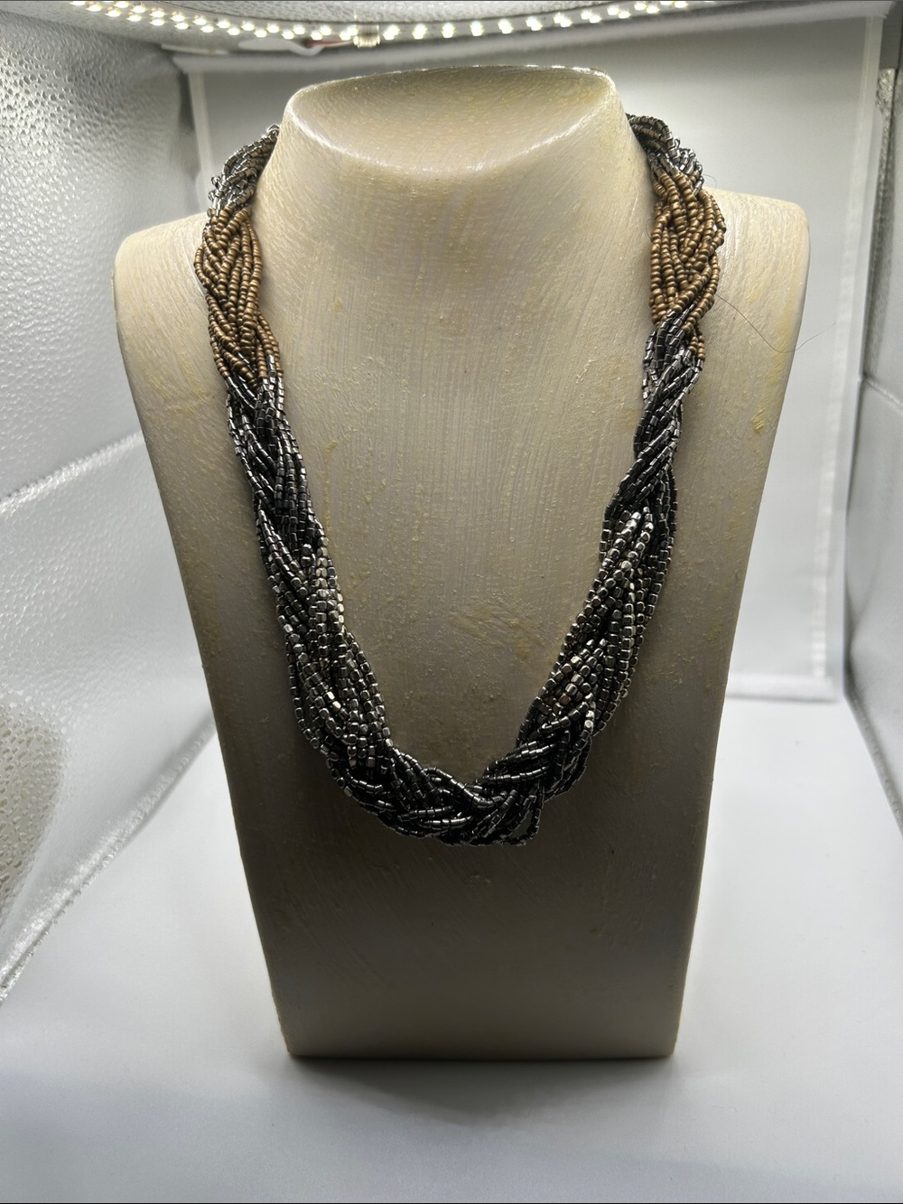 Multi strand twisted necklace seed bead braided metallic gray bronze boho chic